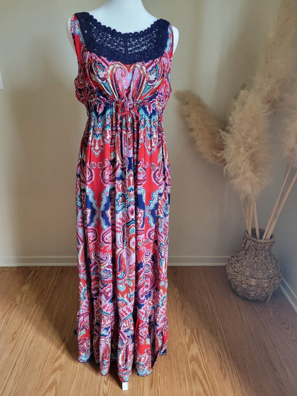 New Bila Maxi Dress LARGE Red Floral Paisley Crochet Top Peasant Style Boho Flow